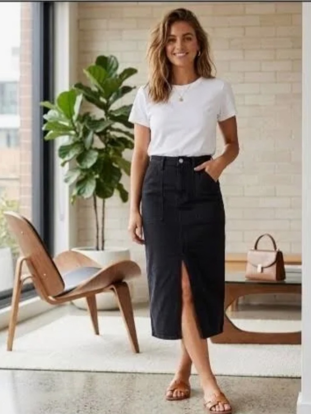 NWT ROLLA'S Black Trade Denim Midi Skirt with Front Slit Size 29